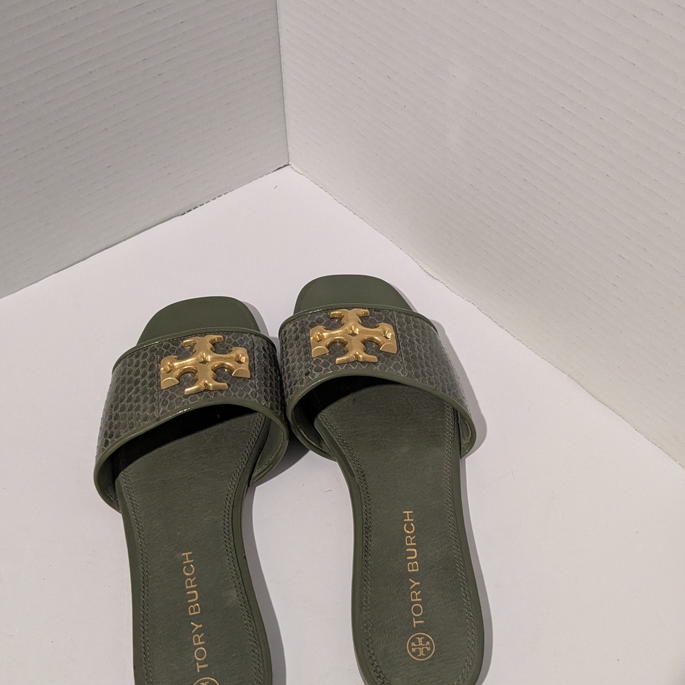 Tory Burch Green Slide Sandals with Gold Logo - Picture 3 of 5